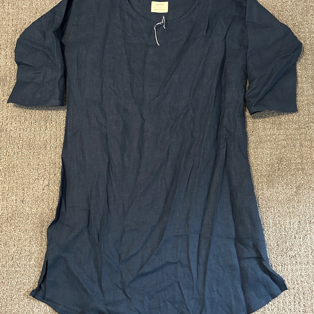JESS BROWN California Designer Dark Blue Tunic Dress Loose Waist 100% Linen